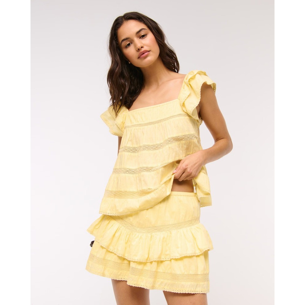 Abercrombie & Fitch Cotton Lace Ruffle Shorts Sleeve Top Yellow Women's Size XL